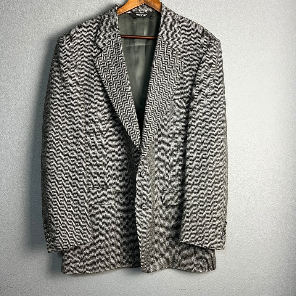 John Alexander Gray Herringbone Blazer Wool Blend Sport Coat Jacket Mens 42L